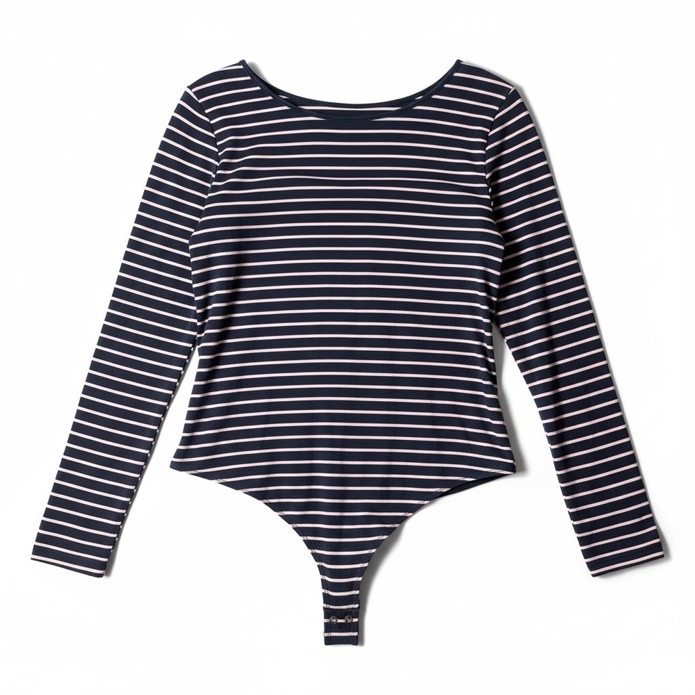 ON 34TH Navy Pink Stripe Long‎ Sleeve Thong Bodysuit Womens XL